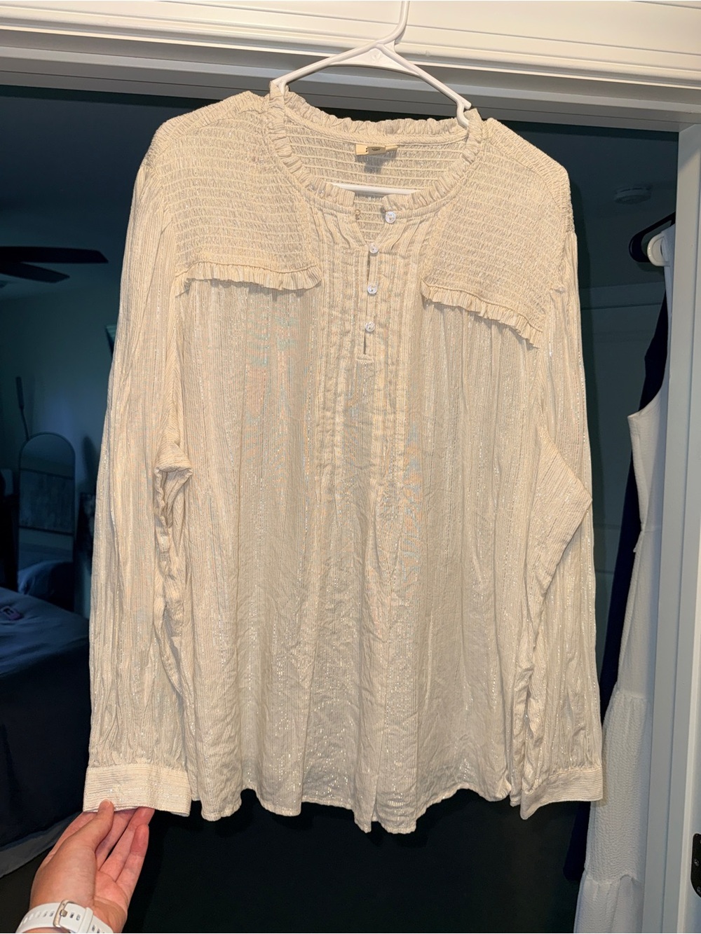 a.n.a Men's Long-Sleeve Smocked Yoke Shirt in Light Cream
